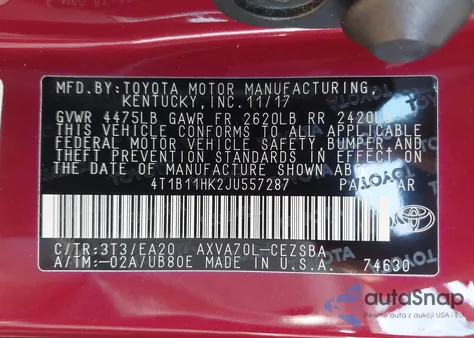 2018 Toyota Camry Se из США, поврежденный, VIN 4T1B11HK2JU557287